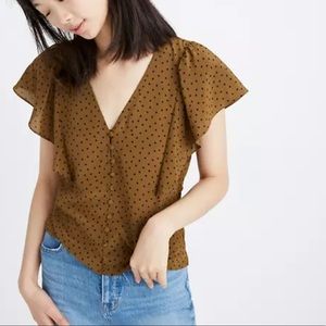 Madewell Green Olive Silk Carmelina Flutter-Sleeve Polka Dot Blouse 2
